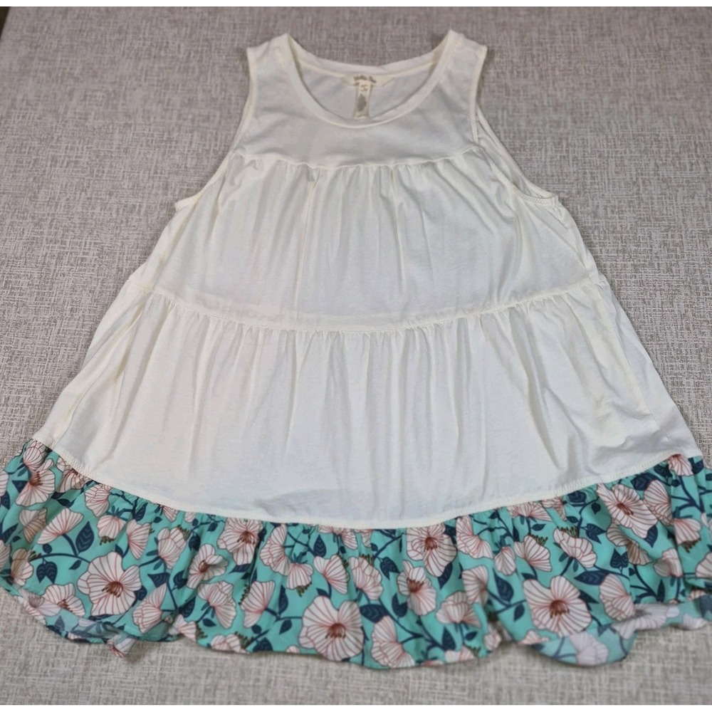 Matilda Jane Wonderment Cream Tiered Tank Tunic Teal Floral Ruffle Top Womens M